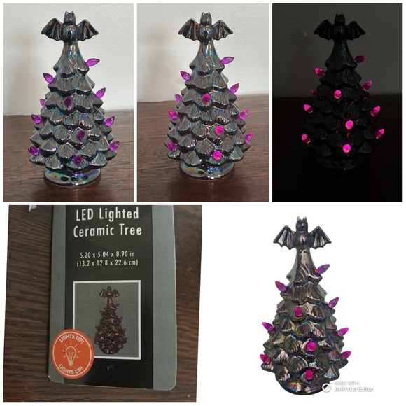 NWT- LED Light Up Iridescent Oil Slick Ceramic Bat Halloween Purple Bulb Tree 🦇 - Picture 1 of 17